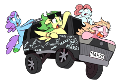 Size: 3527x2351 | Tagged: safe, artist:thebatfang, oc, oc only, pegasus, pony, unicorn, mare fair, automobile, car, horn, pegasus oc, simple background, transparent background, unicorn oc