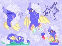 Size: 2048x1536 | Tagged: safe, artist:thehaywaiianhorse, oc, oc only, oc:alouette luxe, bat pony, pony, bat pony oc, belly, belly button, chest fluff, clothes, fangs, female, mare, music notes, rainbow socks, socks, solo, striped socks