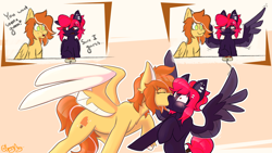 Size: 2560x1440 | Tagged: safe, artist:spoopy-abby, oc, oc only, oc:dreamsicle, oc:wake-up call, pegasus, blushing, comic, kissing, spread wings, wingboner, wings