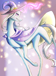 Size: 1024x1366 | Tagged: safe, artist:starshine74, trixie, pony, unicorn, g4, cape, clothes, concave belly, female, glowing, glowing horn, hat, horn, long legs, mare, slender, smiling, solo, thin, thin legs, trixie's cape, trixie's hat