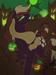 Size: 4000x5315 | Tagged: safe, artist:2hrnap, gameloft, applejack, earth pony, pony, g4, braid, female, full moon, green lipstick, green moon, jack-o-apple, lidded eyes, lipstick, mare, moon, nightmare applejack, nightmarified, outdoors, slit pupils, solo, tree roots, turned head