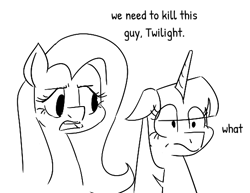 Size: 546x422 | Tagged: safe, artist:the---robbie72, fluttershy, twilight sparkle, pegasus, pony, unicorn, g4, black and white, duo, duo female, eye clipping through hair, female, grayscale, horn, i think we're gonna have to kill this guy, mare, meme, monochrome, simple background, white background