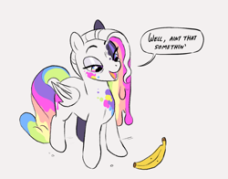 Size: 1472x1152 | Tagged: safe, artist:gorjee-art, oc, oc:paint splotch, bat pony, pony, banana, bat pony oc, female, food, lidded eyes, mare, multicolored hair, ponysona, rainbow hair, simple background, solo, speech bubble, white background