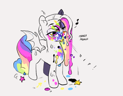 Size: 1472x1152 | Tagged: safe, artist:gorjee-art, oc, oc:paint splotch, bat pony, pony, bat pony oc, eating, female, lidded eyes, mare, multicolored hair, multiple eyes, music notes, paint, ponysona, puffy cheeks, rainbow hair, simple background, solo, spread wings, wat, white background, wings