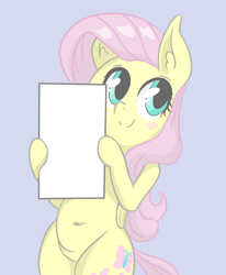 Size: 1000x1215 | Tagged: safe, artist:shrimpshogun, fluttershy, g4, belly, belly button, bipedal, blue background, holding sign, sign, simple background, standing on two hooves, template