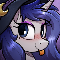 Size: 1920x1920 | Tagged: safe, artist:selenophile, oc, oc only, oc:moonlit silver, pony, unicorn, :p, blue eyes, blushing, eyeshadow, female, gray coat, happy, hat, horn, makeup, mole, solo, tongue out, unicorn oc, witch, witch hat