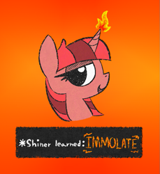 Size: 681x742 | Tagged: safe, artist:castafae, oc, oc only, oc:sparking shine, pony, unicorn, /bootleg/ waifu, bootleg, bootleg waifu, bust, female, fire, gradient background, horn, lidded eyes, mare, not twilight sparkle, solo, text