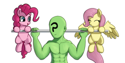 Size: 1450x732 | Tagged: safe, artist:neuro, fluttershy, pinkie pie, oc, oc:anon, earth pony, human, pegasus, pony, g4, eyes closed, female, male, mare, muscles, muscular male, open mouth, simple background, smiling, transparent background, weight lifting, weights