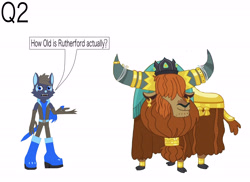 Size: 4495x3266 | Tagged: safe, artist:star153, screencap, prince rutherford, oc, wolf, yak, age, ask, blue, boots, brown, clothes, gloves, gold, hair, horns, light blue, long gloves, question, shoes, simple background, solo, sonic oc, sword, time, weapon, white background