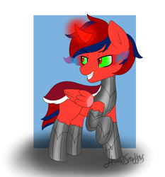 Size: 1908x2044 | Tagged: safe, artist:itwasscatters, oc, oc only, oc:lightning t bolt, alicorn, umbrum, fanfic:seed of the king, fanfic:why me...?, armor, curved horn, fangs, horn, passepartout, profile picture, signature, sombra eyes