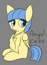 Size: 650x894 | Tagged: safe, artist:castafae, oc, oc only, oc:angel cake, pegasus, pony, bootleg, bootleg waifu, cross, cross necklace, female, filly, foal, gray background, jewelry, necklace, raised hoof, simple background, sitting, solo