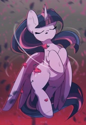 Size: 1412x2048 | Tagged: safe, artist:miryelis, twilight sparkle, alicorn, pony, g4, eyes closed, female, flower, hanahaki disease, mare, solo, twilight sparkle (alicorn)