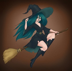 Size: 3075x3000 | Tagged: safe, artist:aquaticvibes, queen chrysalis, human, g4, boots, breasts, broom, cleavage, female, hat, high heel boots, high res, humanized, shoes, solo, witch, witch hat