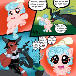 Size: 2048x2048 | Tagged: safe, artist:nicolai, cozy glow, lord tirek, queen chrysalis, changeling, changeling queen, minotaur, pegasus, anime saliva, comic, cozybetes, cute, dialogue, drool, english, eye clipping through hair, female, filly, flying, foal, heart, heart eyes, horn, horns, love, shipping, wingding eyes