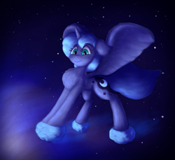 Size: 2400x2200 | Tagged: safe, artist:gosha305, princess luna, alicorn, pony, g4, chest fluff, cute, ear fluff, fangs, female, fluffy, full body, horn, mare, meteor, night, night sky, sky, sky background, solo, space, spread wings, stars, tangible heavenly object, wings, young luna, younger