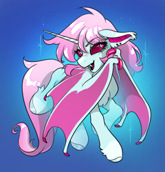 Size: 2400x2503 | Tagged: safe, artist:opalacorn, oc, oc only, oc:scoops, alicorn, bat pony, bat pony alicorn, pony, bags under eyes, bat pony oc, bat wings, chest fluff, claws, colored pinnae, colored sclera, colored wings, ear piercing, ear tufts, earring, eye clipping through hair, eyebrows, eyebrows visible through hair, fangs, female, fetlock tuft, floppy ears, gradient background, gradient mane, gradient tail, horn, jewelry, magenta sclera, mare, open mouth, open smile, piercing, red sclera, shiny hooves, smiling, solo, sparkles, standing on two hooves, tail, turned head, two toned wings, wing claws, wings