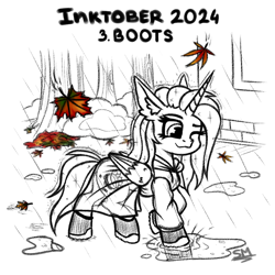 Size: 1000x1000 | Tagged: safe, artist:sunamoonmlp, derpibooru exclusive, oc, oc only, oc:sunamoon, alicorn, pony, g4, cute, female, horn, inktober, inktober 2024, leaves, outdoors, puddle, rain, solo, tree, wings