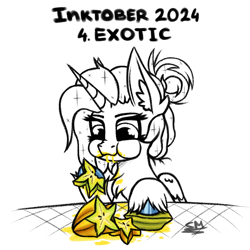 Size: 1000x1000 | Tagged: safe, artist:sunamoonmlp, derpibooru exclusive, oc, oc only, oc:sunamoon, alicorn, pony, g4, carambola, cute, eating, female, herbivore, horn, inktober, inktober 2024, solo, starfruit, wings