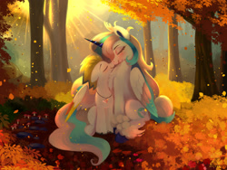 Size: 2400x1800 | Tagged: safe, artist:darksly, oc, oc:harmony, oc:synth, alicorn, pegasus, pony, autumn, blushing, boop, commission, duo, duo male and female, eyes closed, female, forest, height difference, high res, leaves, male, mare, nature, noseboop, oc x oc, outdoors, shipping, stallion, straight, tree