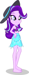 Size: 1682x4268 | Tagged: safe, alternate version, artist:dustinwatsongkx, starlight glimmer, human, equestria girls, g4, bare shoulders, barefoot, clothes, clothes swap, feet, female, geode of shielding, hat, magical geodes, rarity's blue sarong, rarity's purple bikini, sarong, simple background, sleeveless, solo, sports bra, sun hat, swimsuit, swimsuit swap, transparent background