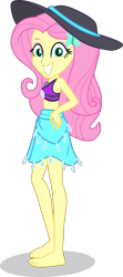 Size: 1859x4187 | Tagged: safe, alternate version, artist:dustinwatsongkx, fluttershy, human, equestria girls, g4, my little pony equestria girls: better together, accessory swap, bare shoulders, barefoot, bikini, clothes, clothes swap, feet, female, grin, hand on hip, hat, looking at you, rarity's blue sarong, rarity's purple bikini, sarong, simple background, skinny, skirt, sleeveless, smiling, smiling at you, solo, swimsuit, swimsuit swap, thin, transparent background, vector