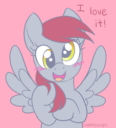 Size: 1181x1303 | Tagged: safe, artist:leopardsnaps, derpy hooves, ski doo, pegasus, pony, g4, alternate mane color, blushing, cross-eyed, dialogue, hair dye, looking at you, open mouth, playing with hair, red background, red mane, simple background, smiling, smiling at you, solo, spread wings, talking to viewer, wings