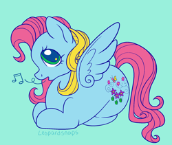 Size: 1900x1600 | Tagged: safe, artist:leopardsnaps, thistle whistle, pegasus, g3, g4, curly mane, cute, g3 to g4, generation leap, green background, lying down, ponyloaf, prone, simple background, solo, spread wings, thistlebetes, two toned mane, whistling, wings