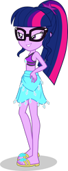 Size: 1604x4050 | Tagged: safe, alternate version, artist:dustinwatsongkx, sci-twi, twilight sparkle, human, equestria girls, g4, my little pony equestria girls: better together, accessory swap, bikini, clothes, clothes swap, feet, female, glasses, rarity's blue sarong, rarity's purple bikini, sandals, sarong, simple background, solo, swimsuit, swimsuit swap, transparent background, vector