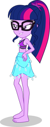 Size: 1604x4050 | Tagged: safe, artist:dustinwatsongkx, sci-twi, twilight sparkle, human, equestria girls, g4, my little pony equestria girls: better together, accessory swap, barefoot, bikini, clothes, clothes swap, feet, female, geode of shielding, glasses, magical geodes, rarity's blue sarong, rarity's purple bikini, sarong, simple background, solo, swimsuit, swimsuit swap, transparent background, vector