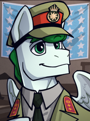 Size: 1040x1400 | Tagged: safe, artist:bunnyshrubby, oc, oc only, oc:mintfeather, pegasus, pony, equestria at war mod, bust, cap, clothes, flag, flag of equestria, hat, indoors, male, military uniform, portrait, solo, stallion, uniform, wings