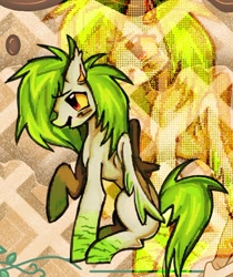 Size: 812x965 | Tagged: safe, artist:grim_the_end, oc, oc only, pegasus, pony, abstract background, colored sclera, green mane, green tail, open mouth, pegasus oc, raised hoof, sitting, solo, tail, yellow sclera