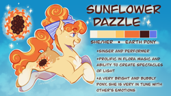 Size: 1920x1080 | Tagged: safe, artist:cerulean-crow, oc, oc only, oc:sunflower dazzle, earth pony, pony, g5, coat markings, female, hairband, mare, open mouth, open smile, reference sheet, smiling, socks (coat markings), solo, text, updo