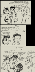 Size: 1396x2896 | Tagged: safe, artist:thebathwaterhero, oc, oc only, oc:bath, oc:cellophane, human, pony, 3 panel comic, comic, trio