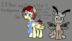 Size: 1113x629 | Tagged: safe, artist:thebathwaterhero, oc, oc only, oc:dusty miller, oc:hidden gem, moth, mothpony, original species, pony, colt, duo, female, filly, foal, looking at you, male, monochrome background, shawl