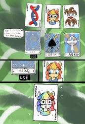 Size: 1104x1602 | Tagged: safe, artist:thebathwaterhero, oc, oc only, oc:aimless, earth pony, balatro, female, filly, foal, joker, lucky, tarot