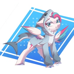 Size: 2000x2000 | Tagged: safe, artist:maxi_ponie, zipp storm, pegasus, pony, g5, animal costume, clothes, colored wings, costume, ear fluff, eyeshadow, female, grin, high res, looking at you, makeup, mare, multicolored wings, shark costume, smiling, smiling at you, solo, spread wings, unshorn fetlocks, wings