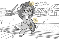 Size: 927x625 | Tagged: safe, artist:thebathwaterhero, oc, oc:rivibaes, pony, crane, female, filly, foal, magnet, outdoors, solo