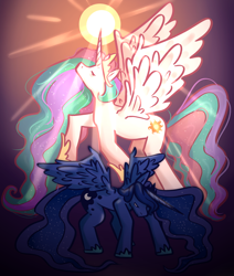 Size: 1100x1300 | Tagged: safe, artist:normalclownposse, princess celestia, princess luna, alicorn, pony, g4, duo, eyes closed, female, mare, royal sisters, sad, siblings, sisters, sun