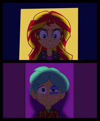 Size: 3188x3826 | Tagged: safe, artist:vibrissa, snails, sunset shimmer, human, equestria girls, g4, abuse, black eye, bruised, duo, duo male and female, female, male, snailsabuse