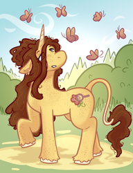 Size: 1000x1300 | Tagged: safe, artist:normalclownposse, oc, oc only, butterfly, classical unicorn, pony, unicorn, cloven hooves, eye clipping through hair, hair over one eye, horn, leonine tail, looking up, outdoors, raised hoof, solo, unicorn oc, unshorn fetlocks