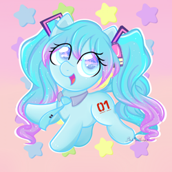 Size: 1920x1920 | Tagged: safe, artist:blackmoonhooves, kotobukiya, earth pony, pony, cute, female, gradient background, hatsune miku, kotobukiya hatsune miku pony, mare, open mouth, open smile, ponified, smiling, stars, vocaloid