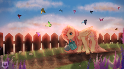 Size: 3840x2160 | Tagged: safe, artist:kizzki, fluttershy, butterfly, pegasus, pony, g4, female, fence, garden, high res, mare, mouth hold, outdoors, solo, watering can