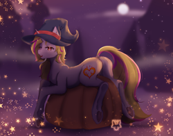 Size: 2166x1701 | Tagged: safe, artist:kizzki, oc, oc only, oc:kindle heart, pony, unicorn, butt, female, halloween, hat, holiday, horn, looking back, lying down, mare, one eye closed, outdoors, plot, prone, pumpkin, solo, witch hat