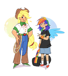 Size: 2099x2347 | Tagged: safe, artist:syrupyyy, applejack, rainbow dash, human, g4, applejack's hat, bag, bandaid, belt, belt buckle, black shirt, blonde hair, blushing, boots, chaps, clothes, collared shirt, cowboy hat, crew socks, denim, denim shorts, duffle bag, duo, duo female, ear piercing, earring, eyelashes, female, freckles, hand on hip, hat, height difference, humanized, jeans, jewelry, lidded eyes, light skin, long hair, looking at you, multicolored hair, no iris, pants, peace sign, physique difference, piercing, ponytail, rainbow hair, rope, shirt, shoes, shorts, simple background, sitting, smiling, smiling at you, sneakers, socks, stetson, straw in mouth, t-shirt, tan lines, tied hair, white background, winged humanization, wings, wristband