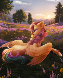 Size: 1700x2108 | Tagged: safe, artist:carmelissa, oc, oc only, alicorn, butterfly, pony, alicorn oc, butterfly on nose, female, field, flower, horn, insect on nose, lying down, mare, prone, scenery, solo, wings