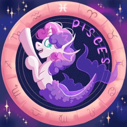 Size: 2000x2000 | Tagged: safe, artist:irisikiki, part of a set, sweetie belle, merpony, pony, unicorn, g4, colored pupils, female, filly, foal, high res, horn, open mouth, open smile, pisces, smiling, solo, stars, zodiac