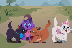 Size: 1200x800 | Tagged: safe, artist:magerblutooth, sweetie belle, cat, g4, :t, annoyed, berlioz, bow, bowtie, brother and sister, brothers, catified, colored sclera, commission, crossover, crossover shipping, disney, female, fight, grass, hair bow, looking at each other, looking at someone, love triangle, male, marie (the aristocats), necktie, open mouth, outdoors, raised paw, shipping, siblings, species swap, the aristocats, toulouse, tree, vector, walking away