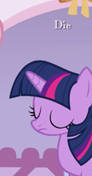 Size: 493x938 | Tagged: safe, edit, edited screencap, editor:marefieber, screencap, twilight sparkle, pony, unicorn, g4, season 1, suited for success, carousel boutique, cropped, eyes closed, female, german text, horn, implied death, indoors, mare, solo, text, unicorn twilight