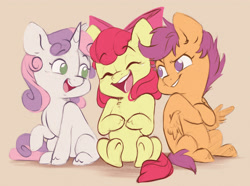 Size: 3230x2408 | Tagged: safe, artist:chub-wub, apple bloom, scootaloo, sweetie belle, earth pony, pegasus, pony, unicorn, g4, adorabloom, apple bloom's bow, blank flank, bow, brown background, cute, cutealoo, cutie mark crusaders, cutie mark cuties, diasweetes, eyebrows, eyebrows visible through hair, eyes closed, female, filly, foal, grin, hair bow, horn, open mouth, open smile, raised hoof, simple background, sitting, smiling, tail, trio, trio female, underhoof, wings