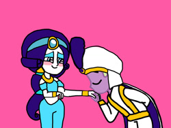 Size: 1280x960 | Tagged: safe, artist:iamscar2017, rarity, spike, human, equestria girls, g4, aladdin, blushing, clothes, cute, daaaaaaaaaaaw, duo, eyes closed, eyeshadow, female, hand kiss, heartwarming, makeup, male, pink background, prince ali, princess jasmine, raribetes, ship:sparity, shipping, simple background, smiling, spikabetes, straight, wholesome